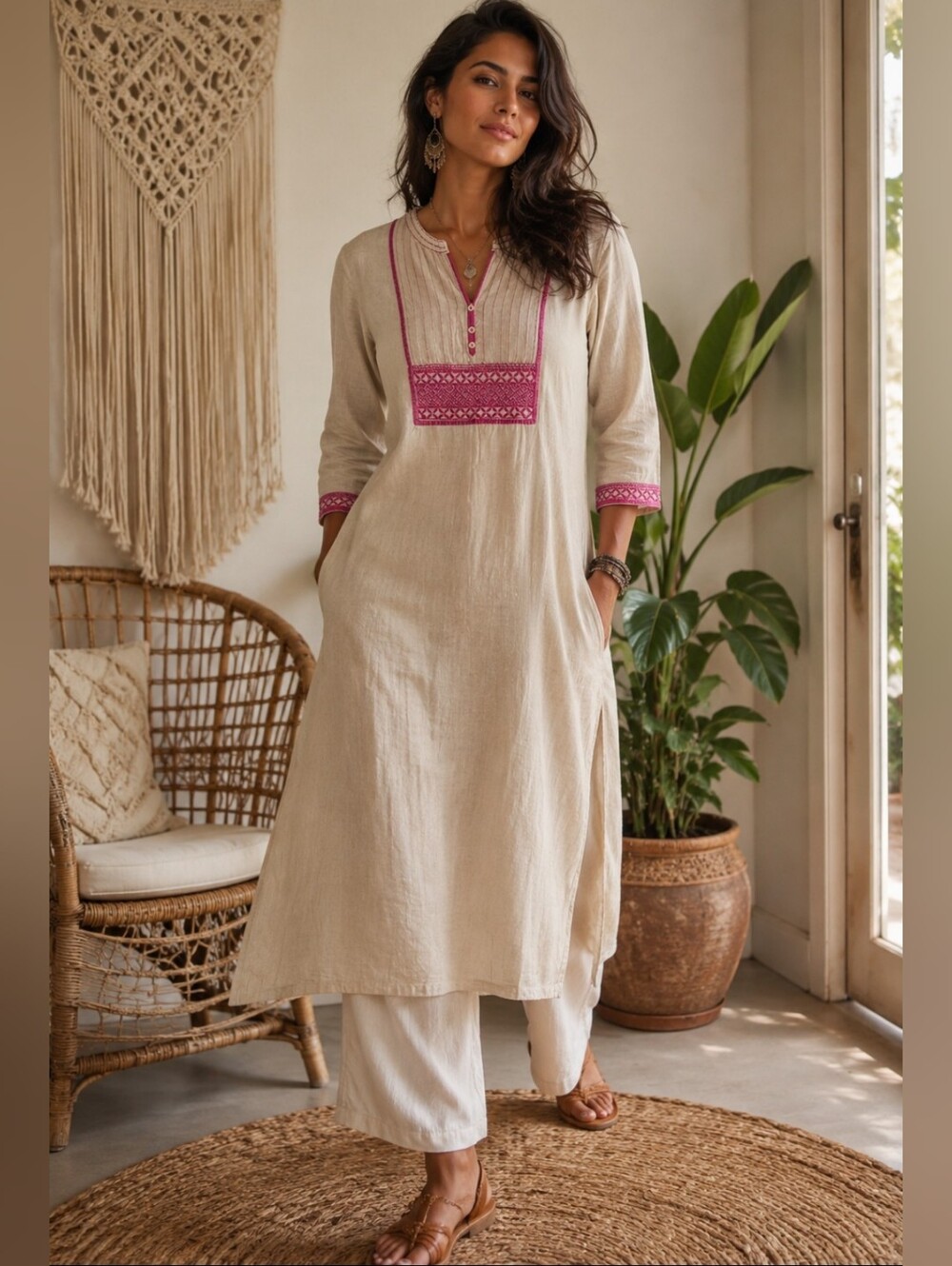 AVAASA Pink Embroidered Beige Kurta Tunic Dress Medium Boho Linen Blend